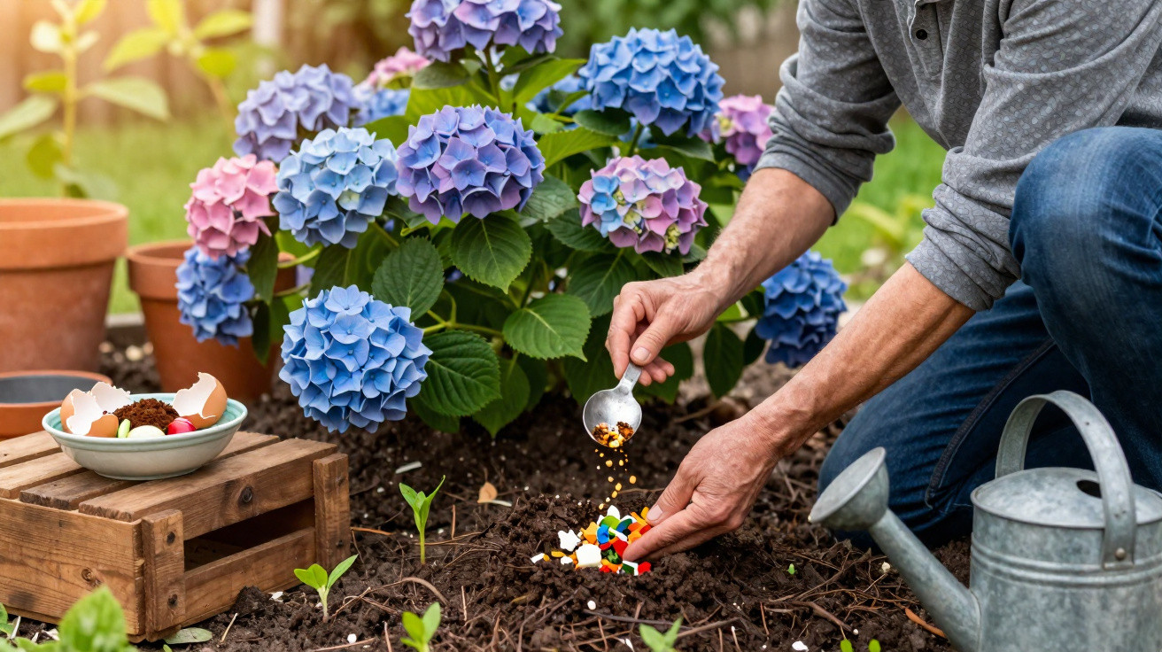 Pessoa a semear sementes no solo junto a hortênsias cor-de-rosa e azul num jardim.