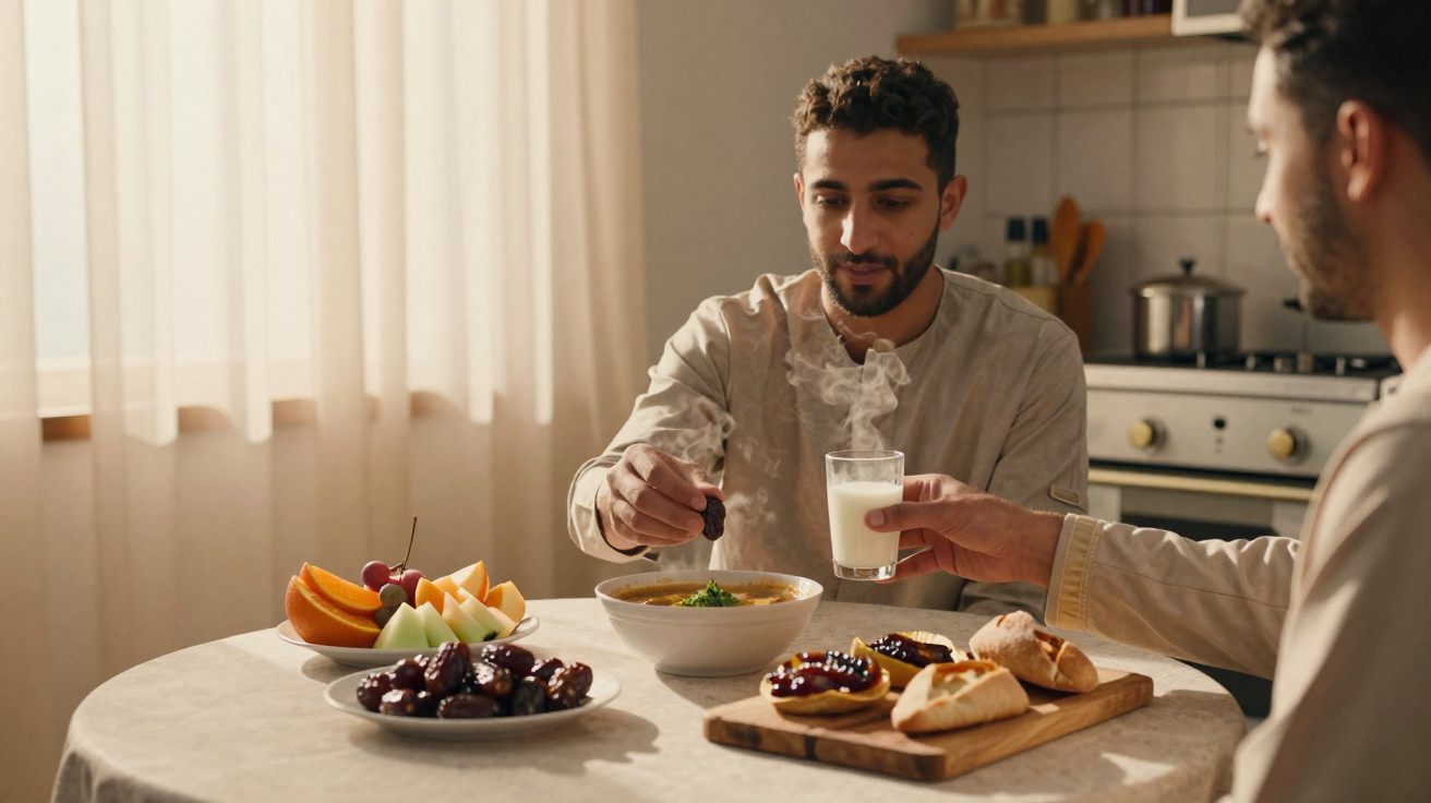 Duas pessoas a partilhar uma refeição com frutas, pão, tâmaras e um copo de leite à mesa na cozinha.