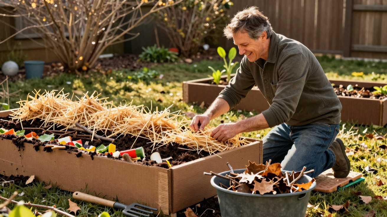 Homem a preparar canteiro elevado com palha para plantação de vegetais num jardim ao ar livre.