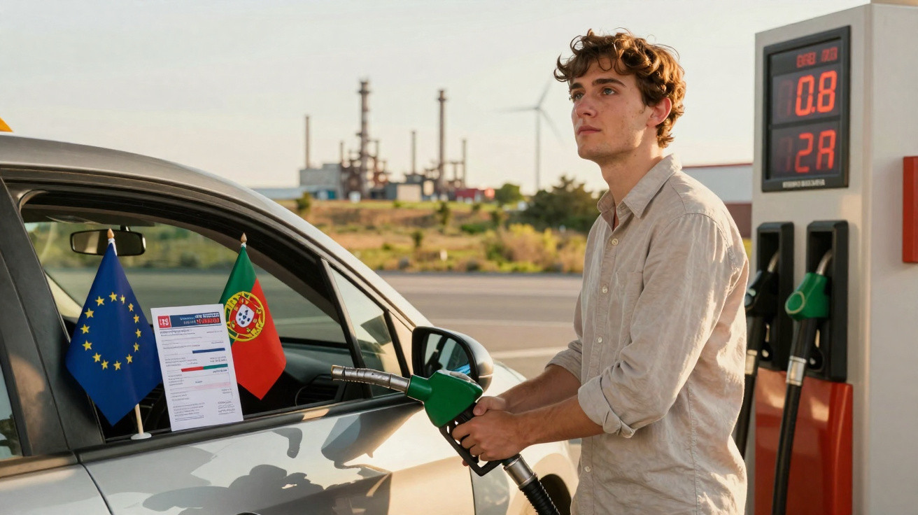 Homem de camisa clara abastece carro branco numa bomba de gasolina, com bandeiras da UE e Portugal no carro.