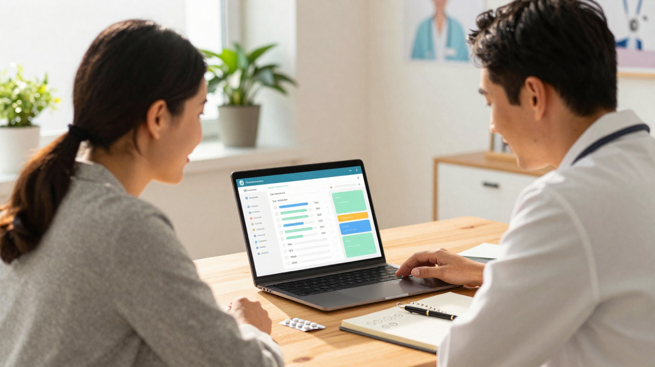 Duas pessoas sentadas à mesa a analisar resultados numa plataforma digital num computador portátil.