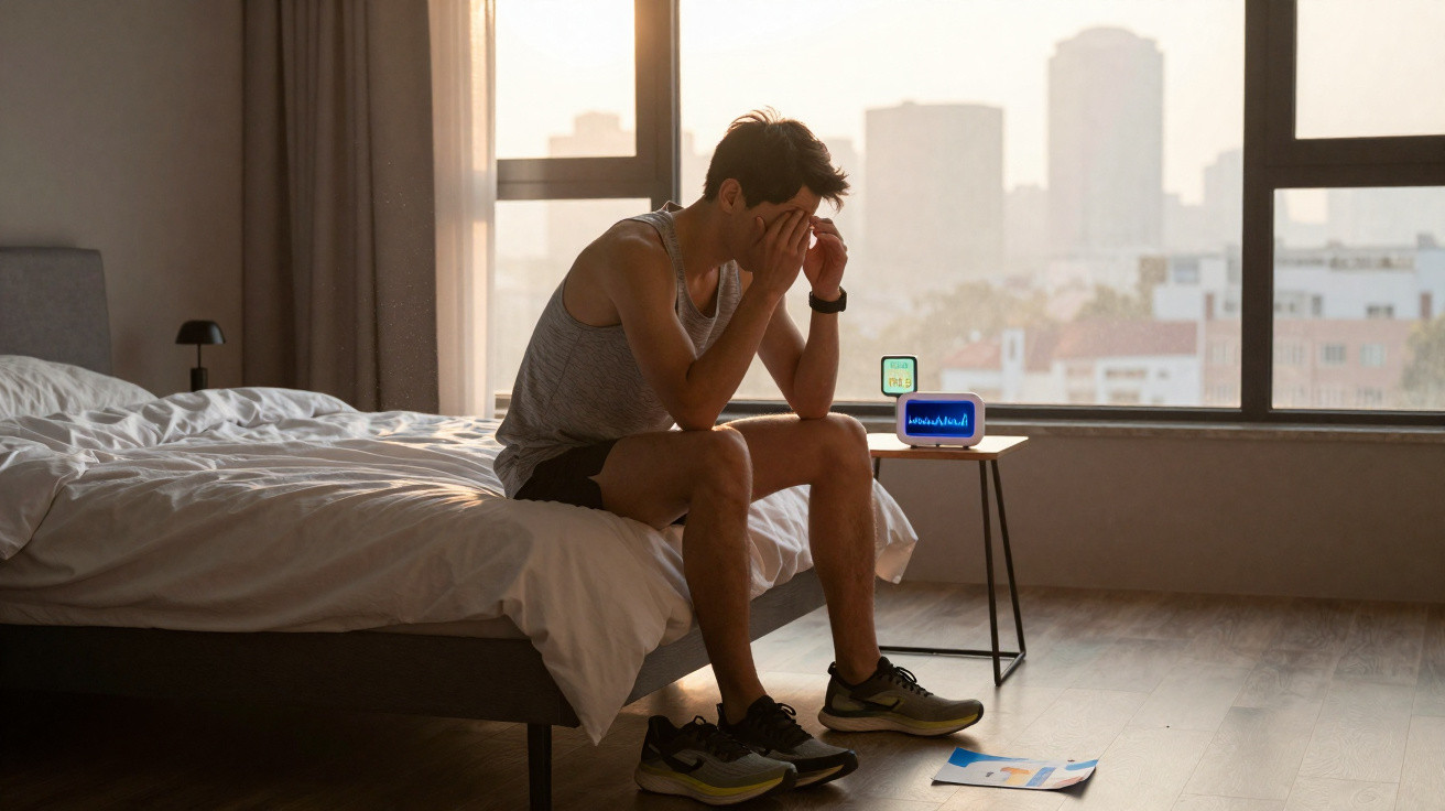 Homem sentado na borda da cama parece cansado, com ténis e relógio desportivo, em quarto com vista para cidade ao amanhecer.
