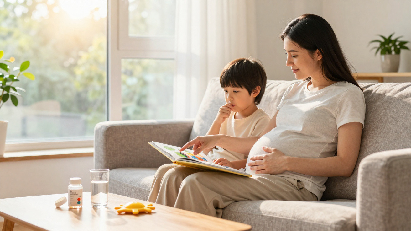 Mulher grávida e criança sentadas no sofá a ler um livro infantil num ambiente acolhedor e iluminado.