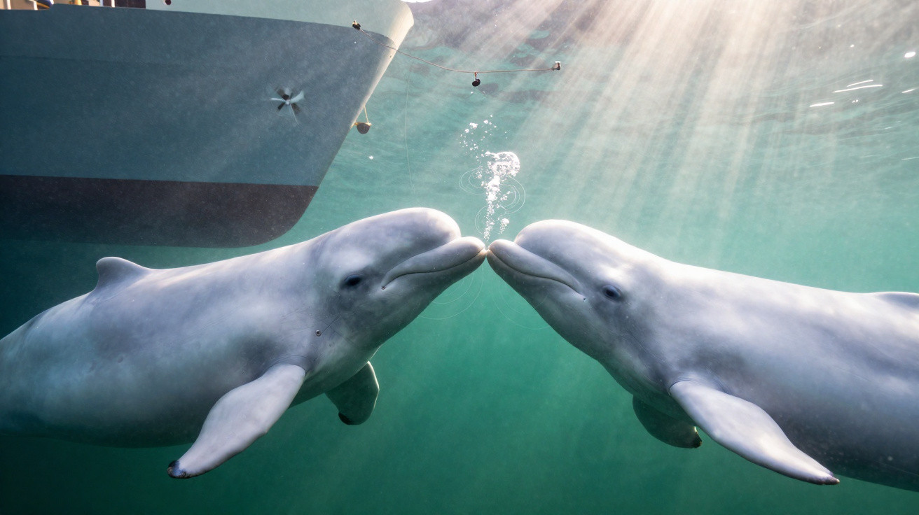 Dois golfinhos a tocar-se com os bicos debaixo de água, com um barco ao fundo e luz solar.