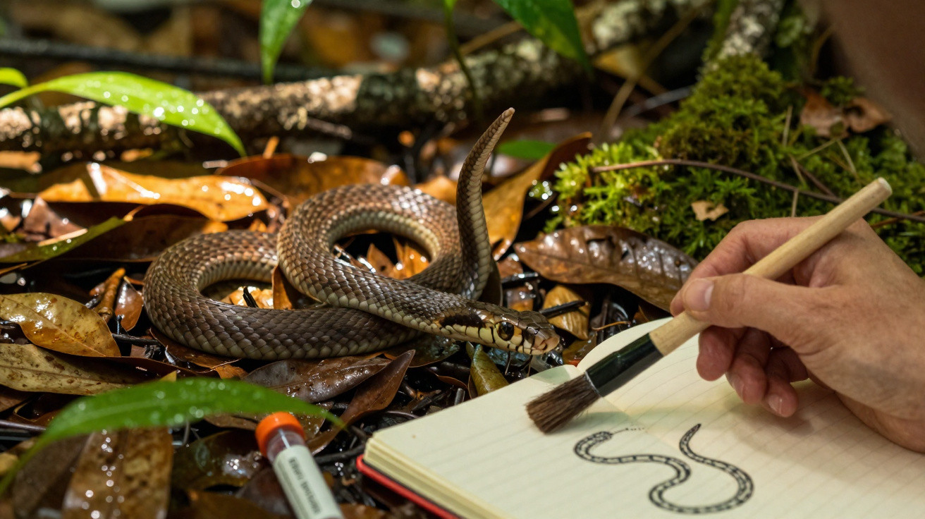 Cobra amarronzada sobre folhas húmidas, ao lado de uma mão a desenhar a cobra num caderno de campo.