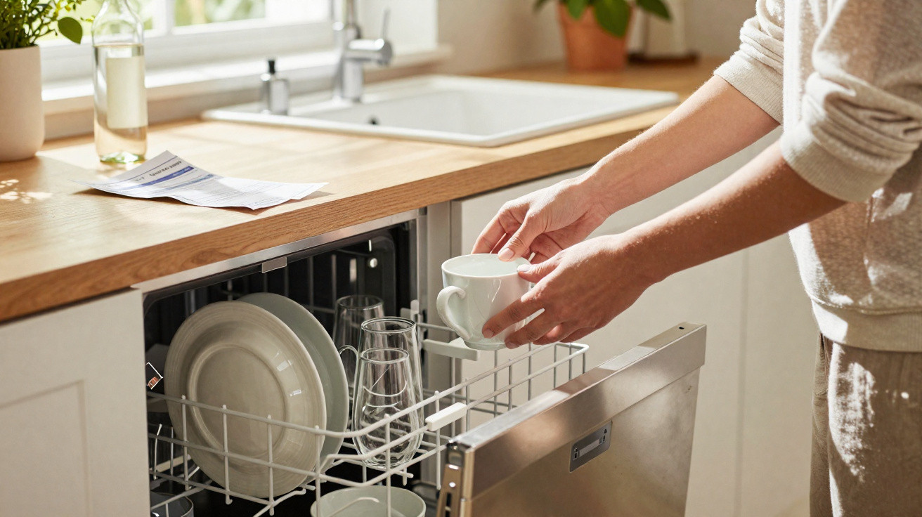 Pessoa a retirar chávena limpa de máquina de lavar louça numa cozinha moderna.
