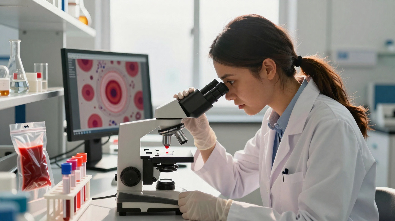 Cientista em laboratório a observar amostra no microscópio com análise de células vermelhas no ecrã.