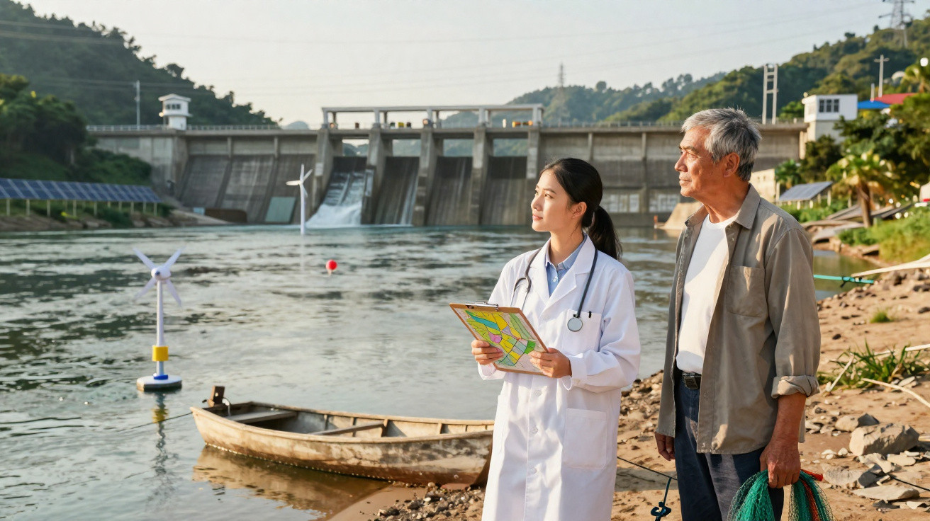 Engenheira e pescadores junto a um rio com barragem e painéis solares ao fundo, num cenário rural.