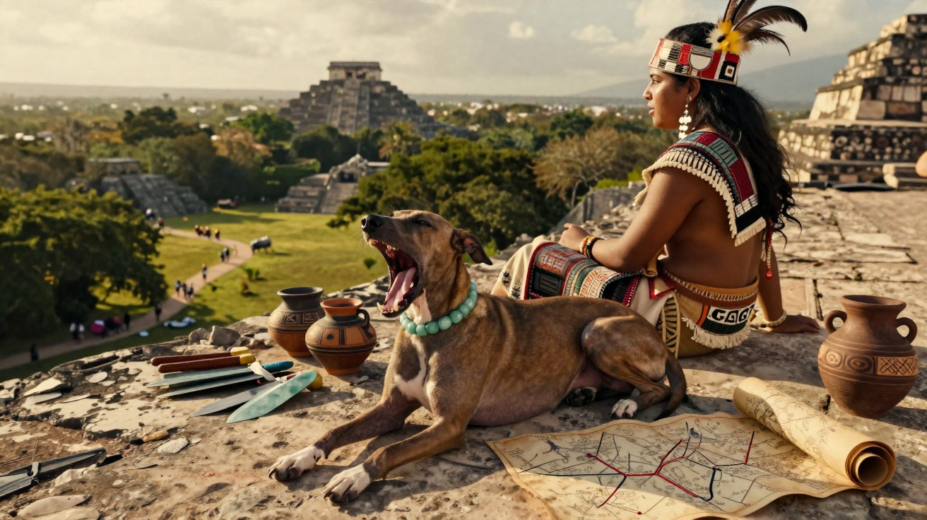 Homem indígena vestido com trajes tradicionais ao lado de cão e artefatos em antigo sítio arqueológico maia.