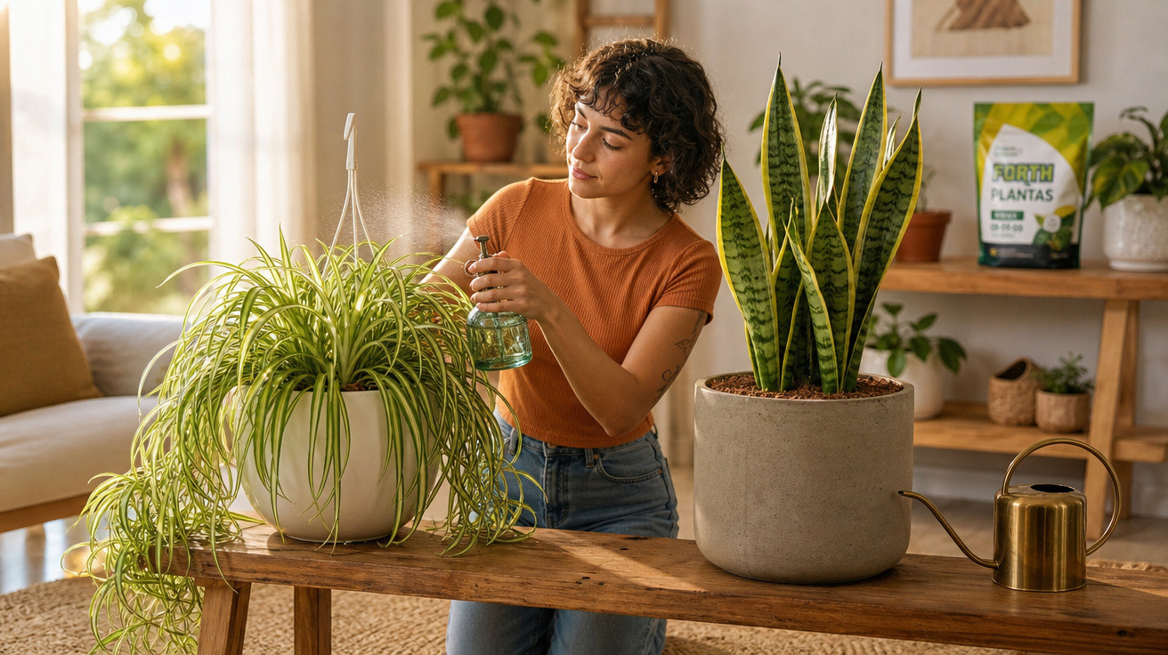 Mulher a borrifar água em planta de interior num ambiente iluminado e acolhedor.