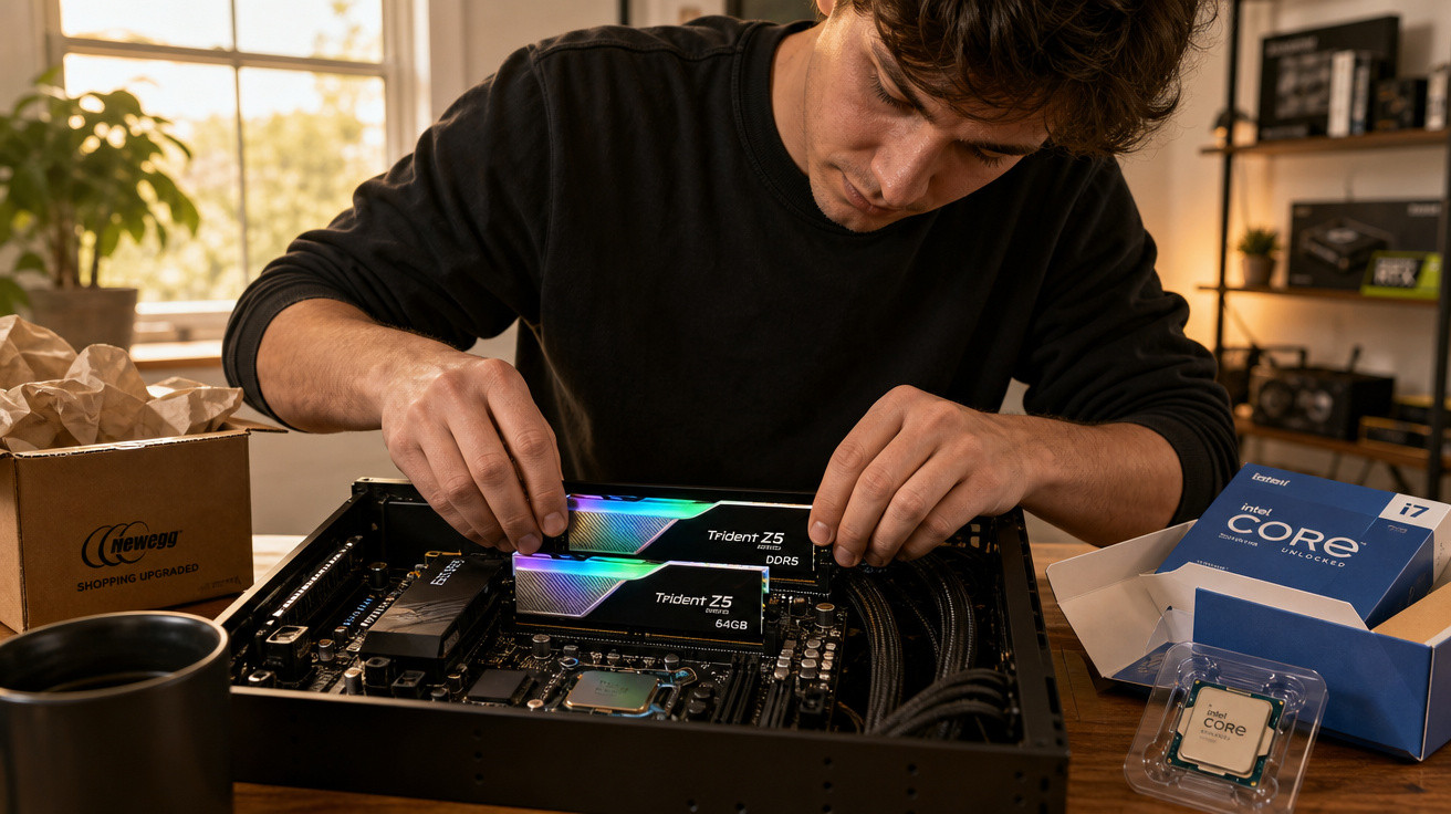 Pessoa a instalar memória RAM numa motherboard com processador Intel Core i7 em cima da mesa.