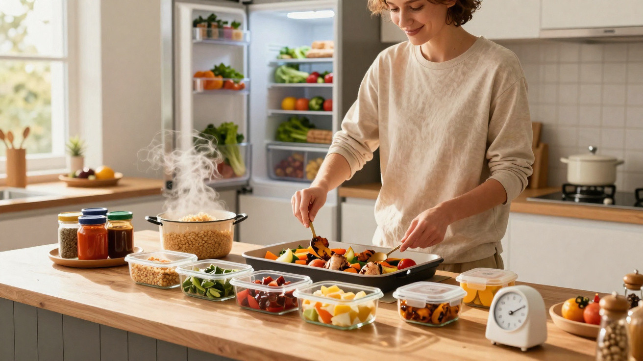 Pessoa a preparar uma refeição saudável na cozinha, com legumes frescos, potes e um fogão ao fundo.