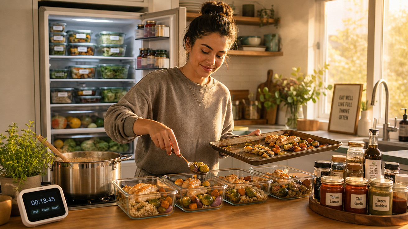 Mulher prepara marmitas com legumes e salmão numa cozinha moderna, com frigorífico aberto e temperos na bancada.