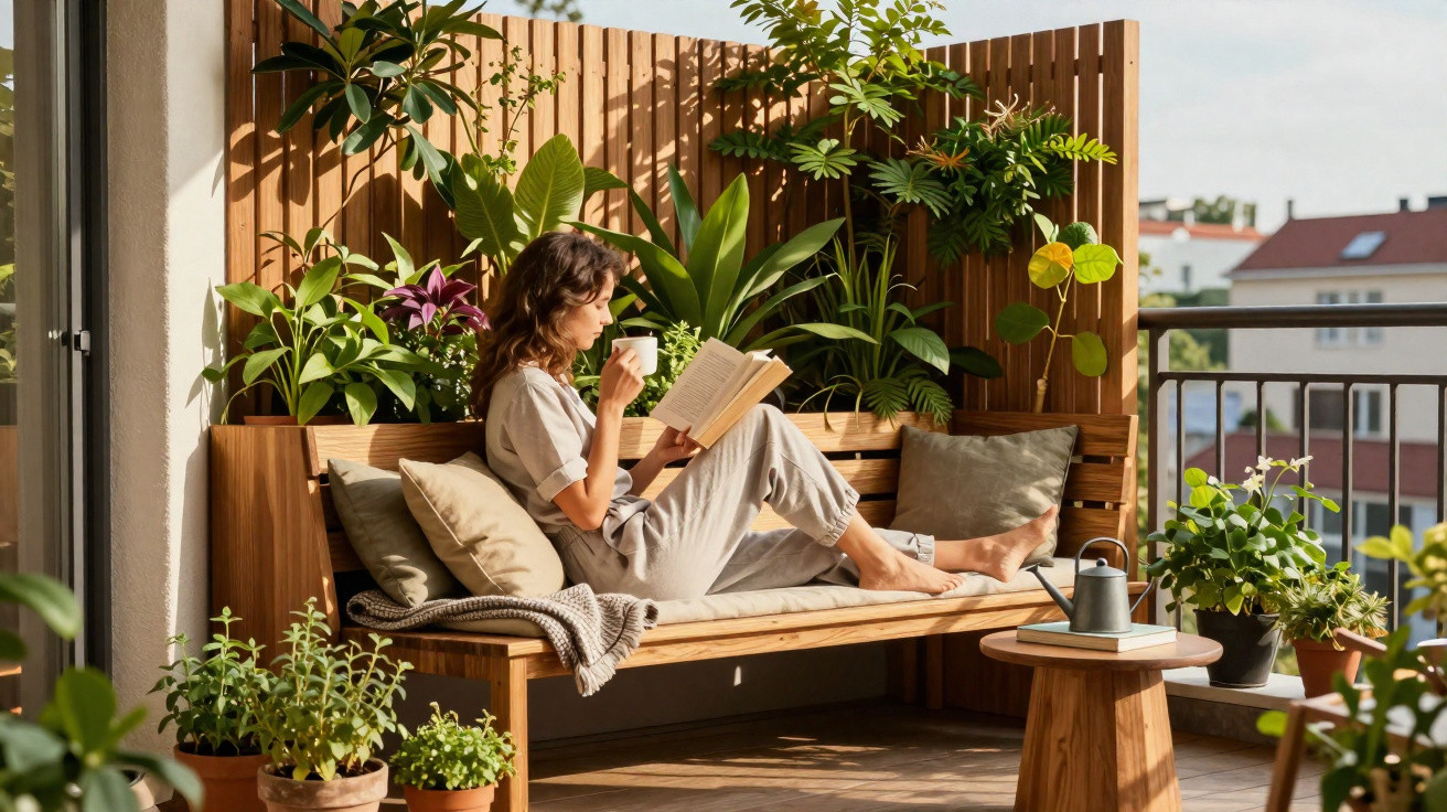 Mulher sentada num banco de madeira numa varanda, a ler um livro e a beber de uma chávena rodeada por plantas.