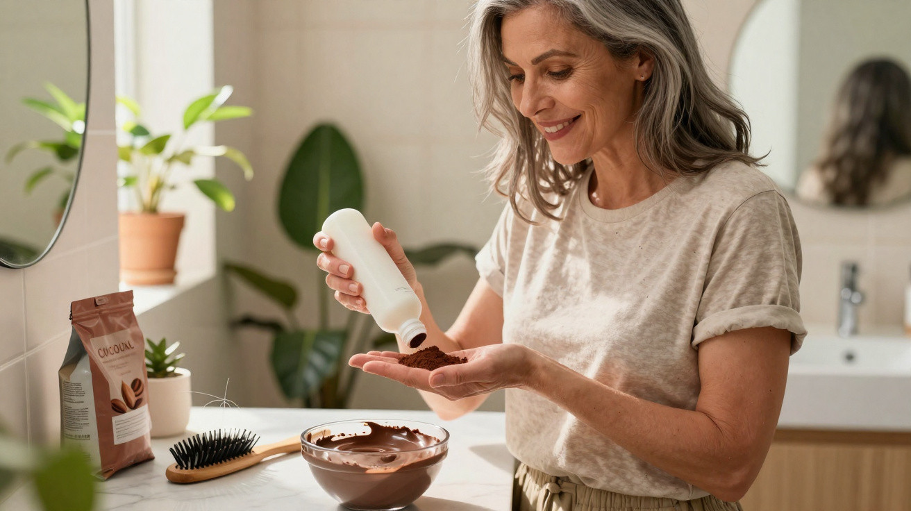 Mulher a aplicar esfoliante caseiro de chocolate nas mãos numa casa de banho iluminada.