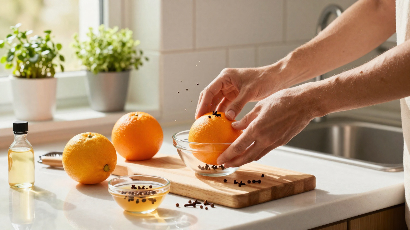 Mãos cravam cravinho numa laranja sobre tábua de madeira numa cozinha iluminada com plantas e maçarique à vista.