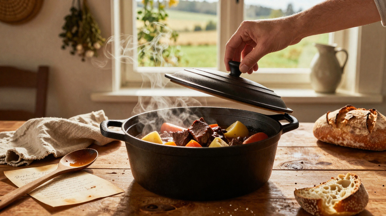 Tacho de ferro com ensopado fumegante de carne, batatas e cenouras numa mesa rústica junto a janela.