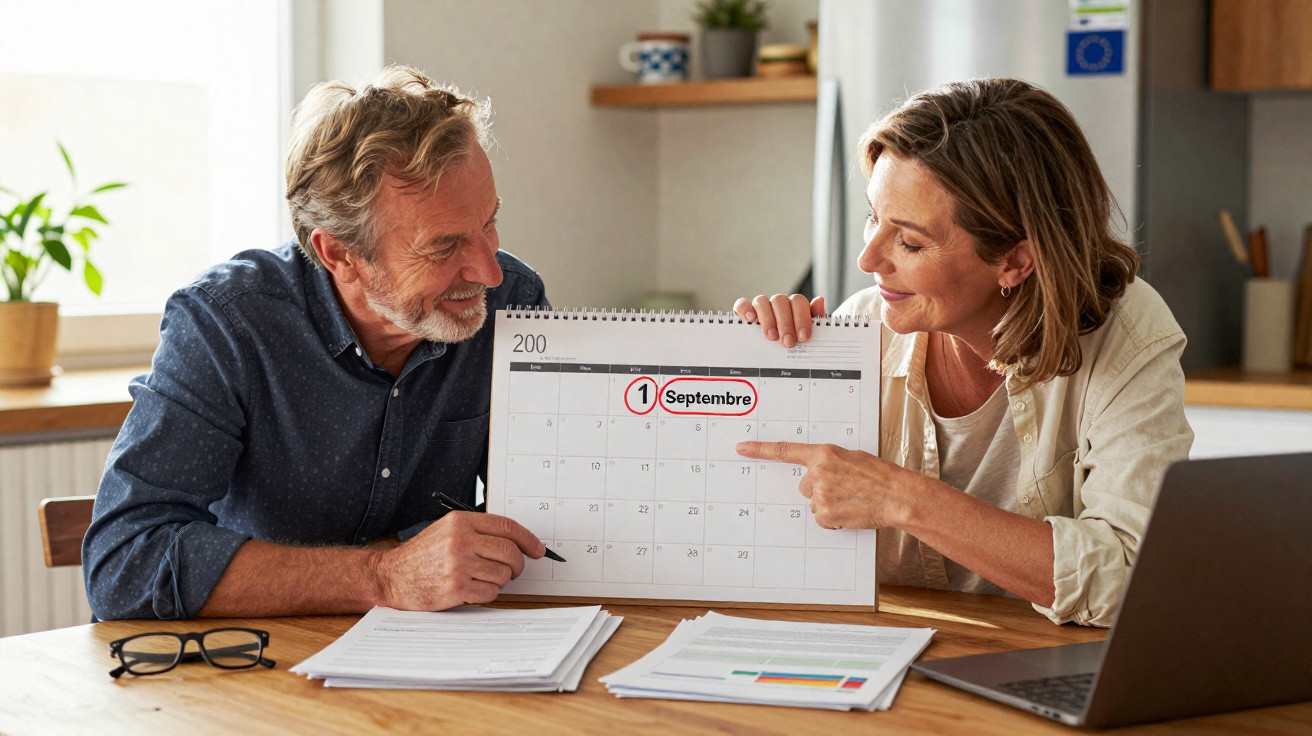 Casal sentado à mesa, apontando e sorrindo para o calendário no dia 1 de setembro marcado a vermelho.