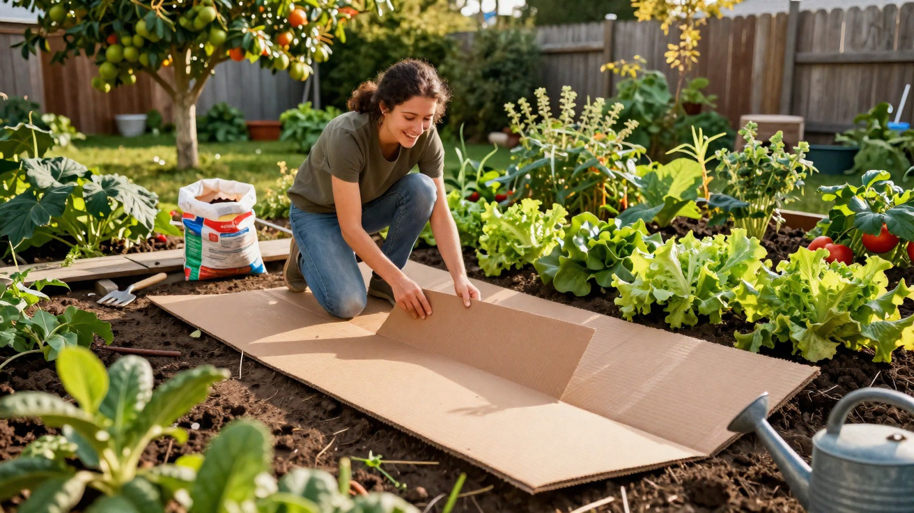 Mulher a montar canteiro de papelão numa horta caseira com plantas verdes e legumes ao redor.