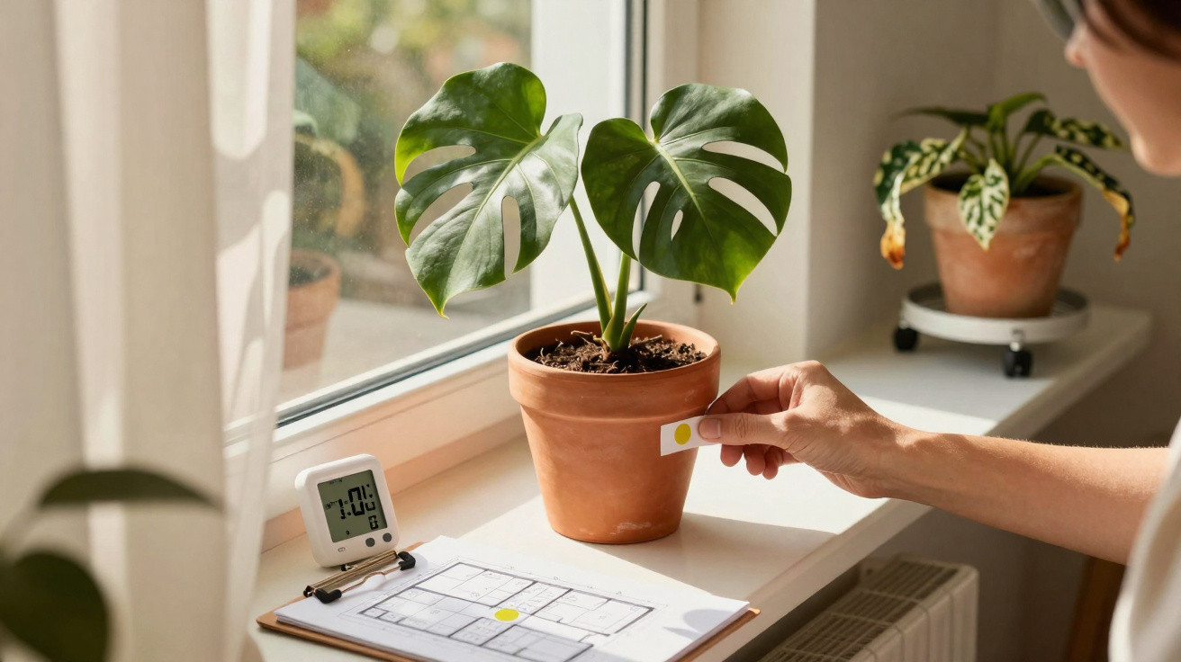Pessoa a colocar etiqueta amarela num vaso de planta Monstera numa janela ensolarada com termómetro digital.