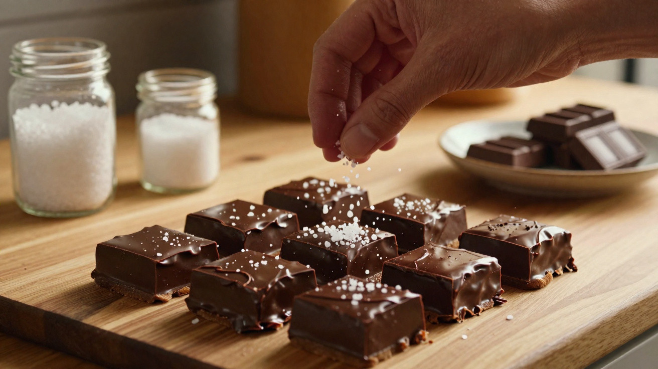 Mão a salpicar sal grosso em quadrados de chocolate sobre tábua de madeira com frascos ao fundo.