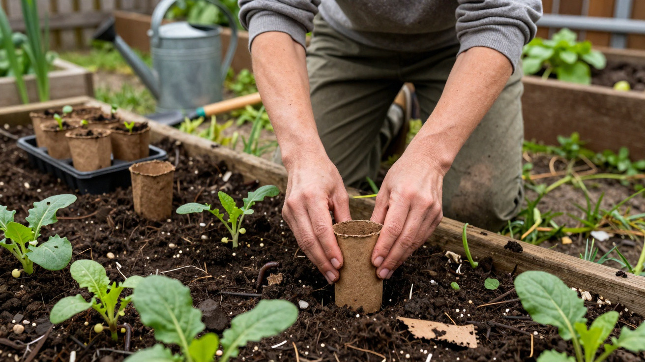Pessoa a plantar rebentos em vasos de papel biodegradável numa horta urbana com terra fértil.