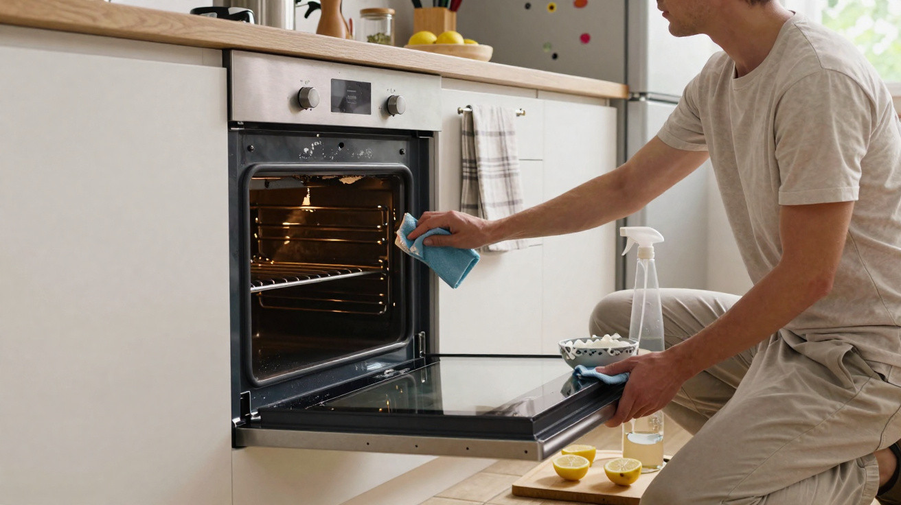 Pessoa a limpar o interior e a porta do forno numa cozinha moderna com pano azul e produto de limpeza.