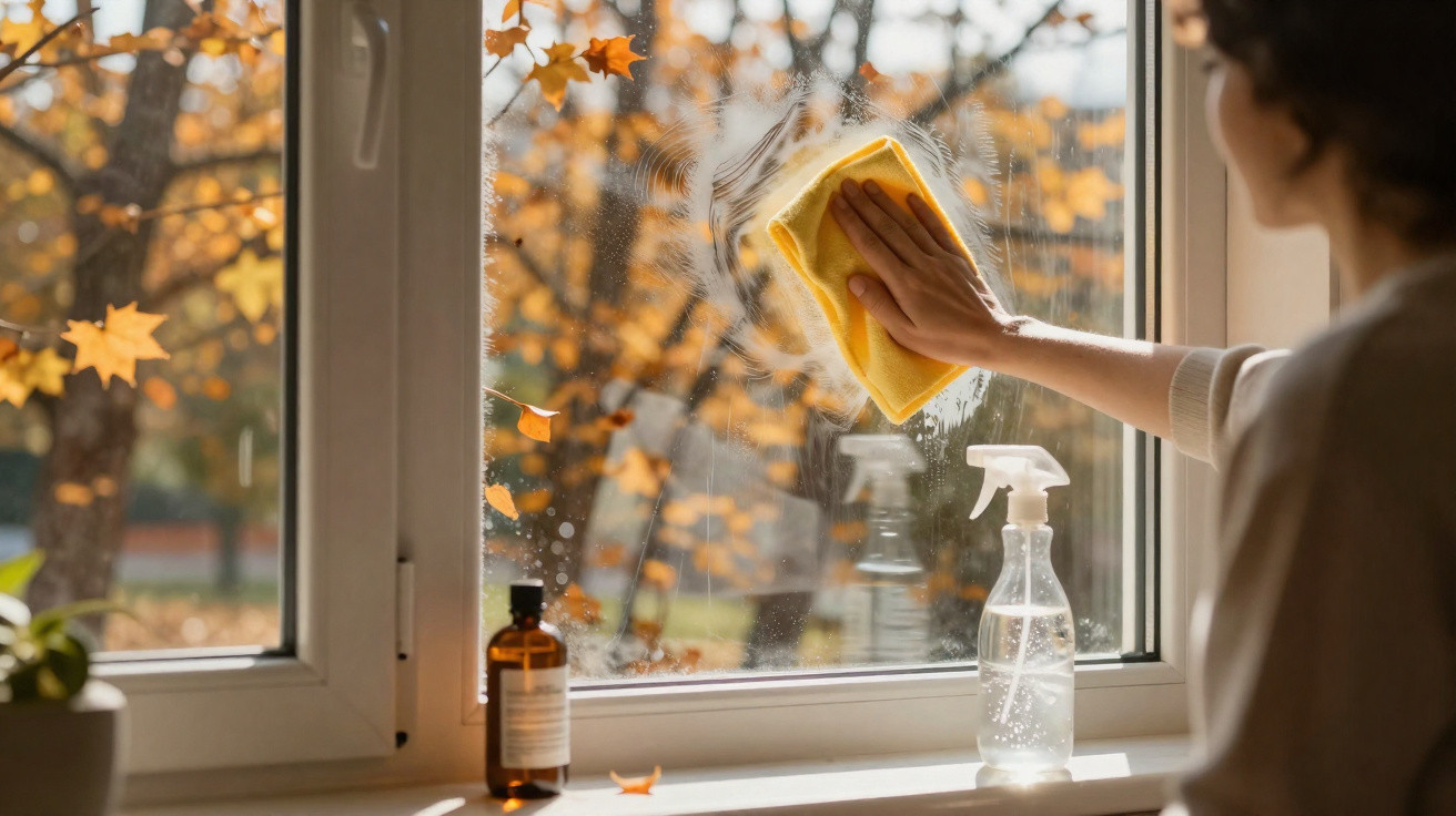 Pessoa a limpar a janela com um pano amarelo, spray e frasco na beira da janela com árvore de folhas outonais ao fundo.