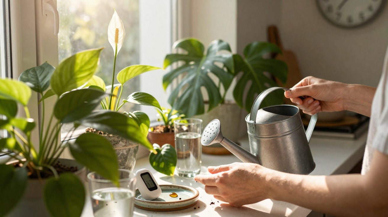 Mãos a regar plantas em vasos num peitoril de janela iluminado por luz natural suave.
