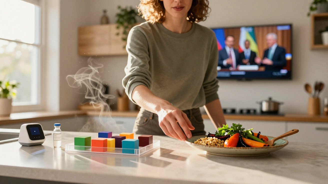 Mulher numa cozinha moderna a apanhar comida saudável num prato sobre a bancada com blocos coloridos e vapor.