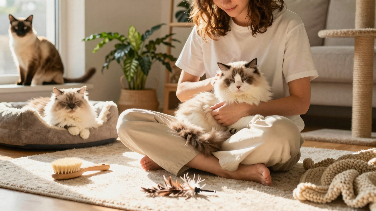 Mulher sentada no chão a abraçar gato, com dois gatos ao redor num ambiente iluminado e acolhedor.