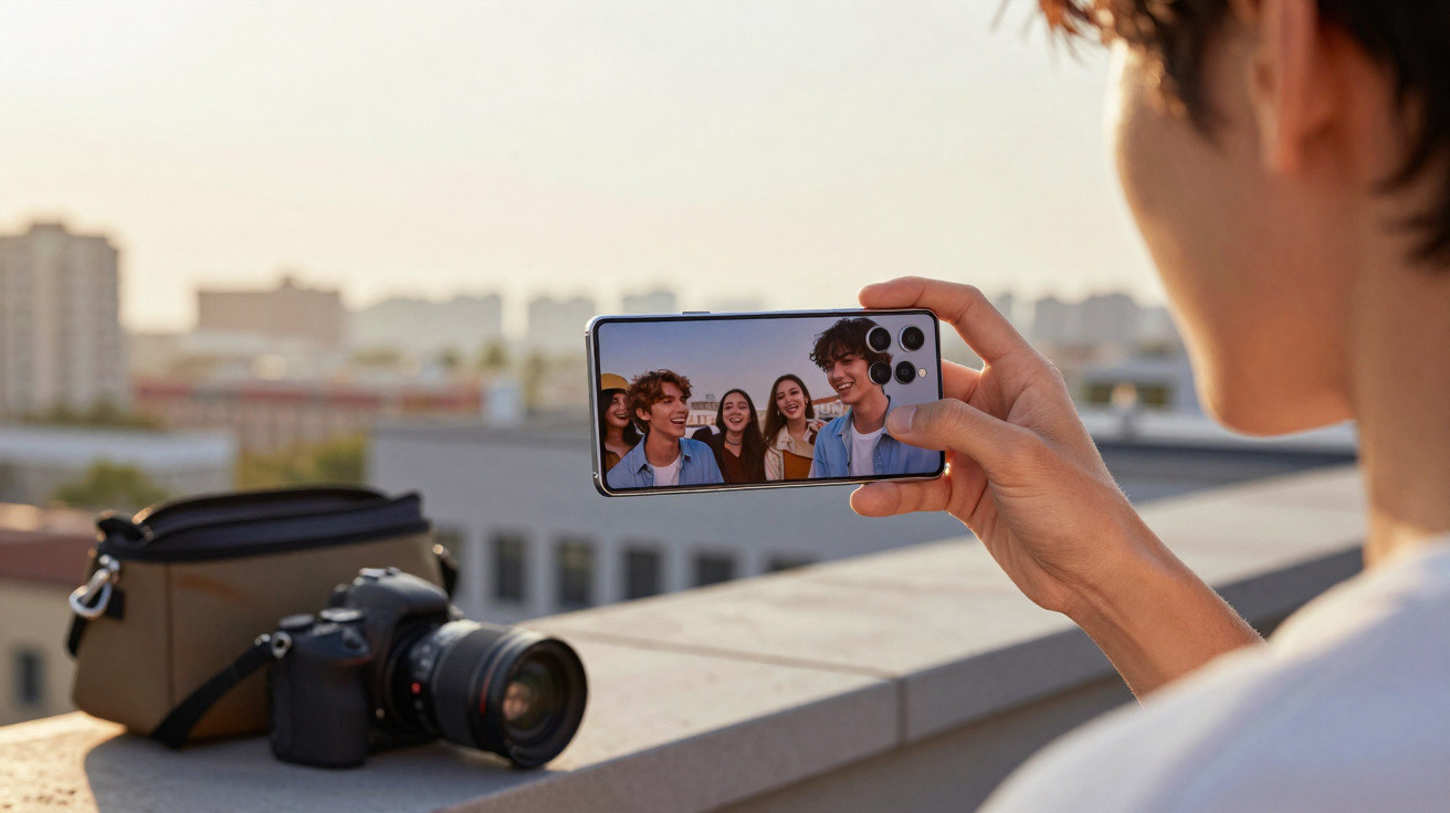 Pessoa a tirar selfie com telemóvel em zona urbana, grupo de amigos sorridentes visível no ecrã do telemóvel.
