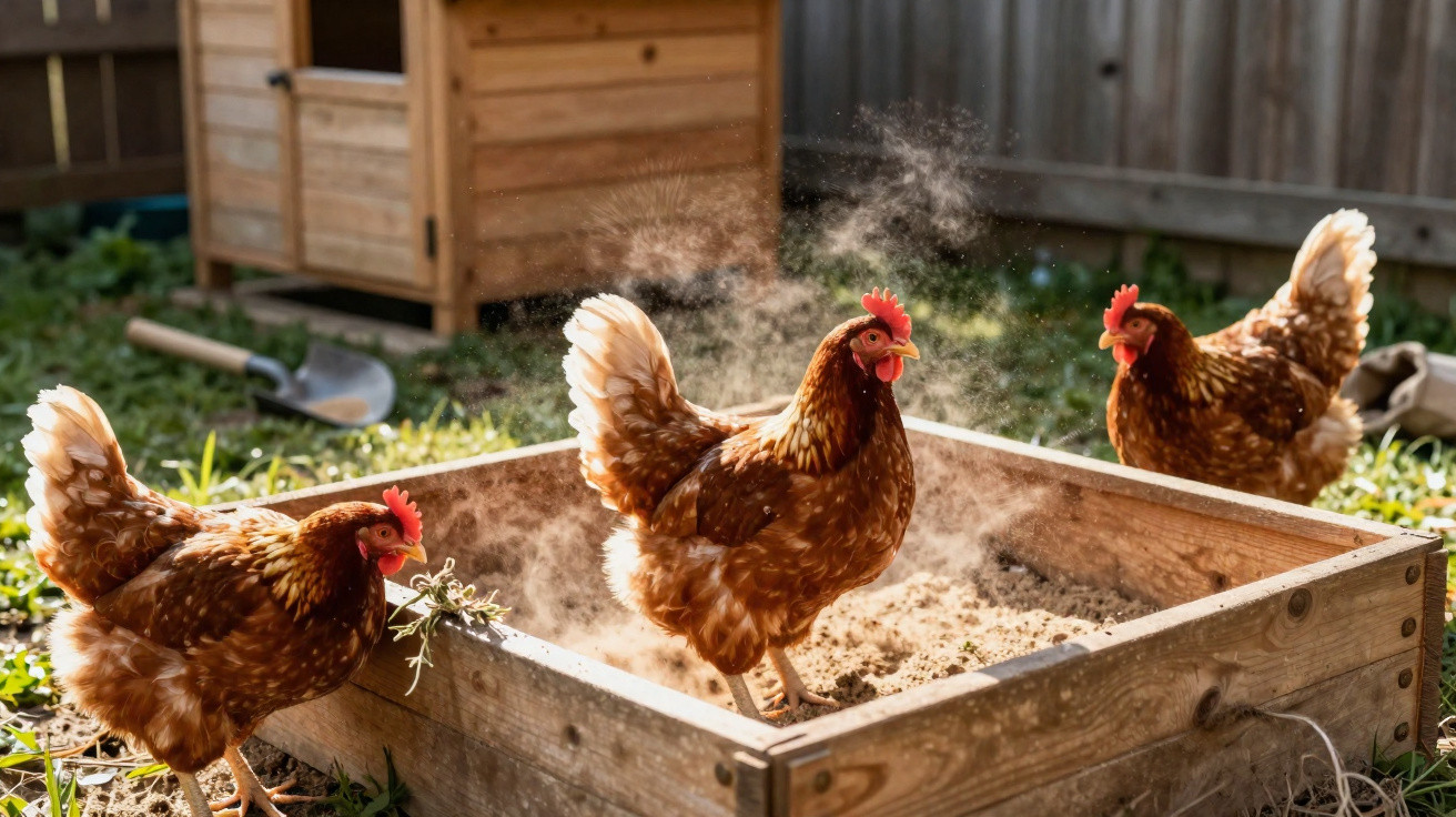 Três galinhas marrons brincam de levantar poeira numa caixa de madeira num quintal ensolarado.