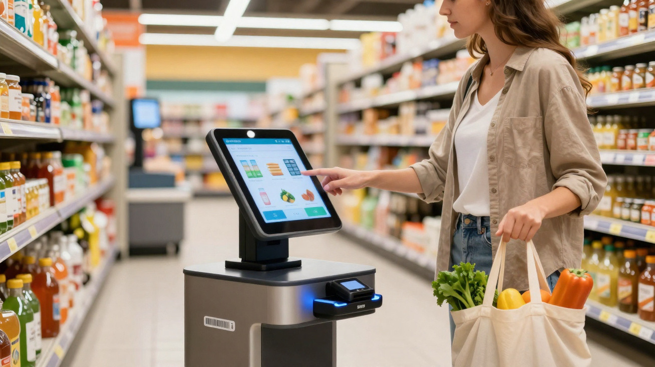 Mulher a usar caixa automática no supermercado, segurando saco com legumes e frutas frescas.