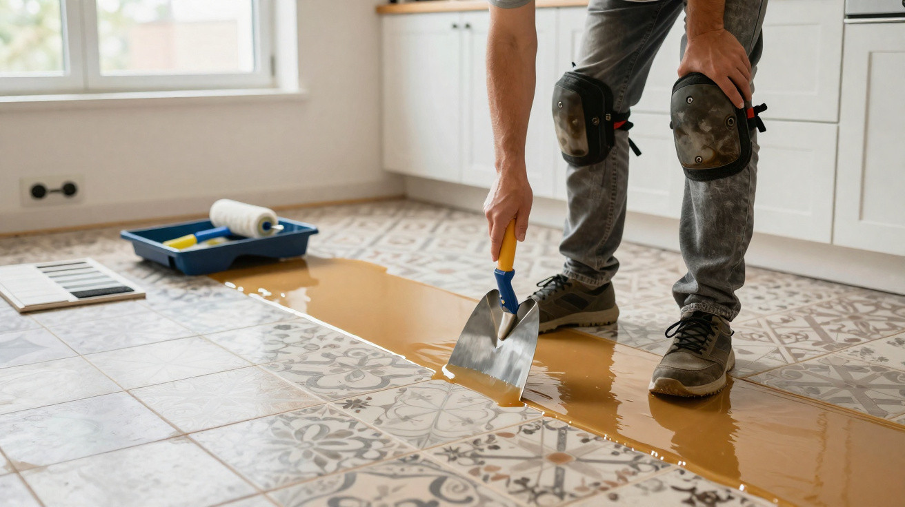 Pessoa a aplicar revestimento amarelo com espátula em chão de azulejos decorativos na cozinha.