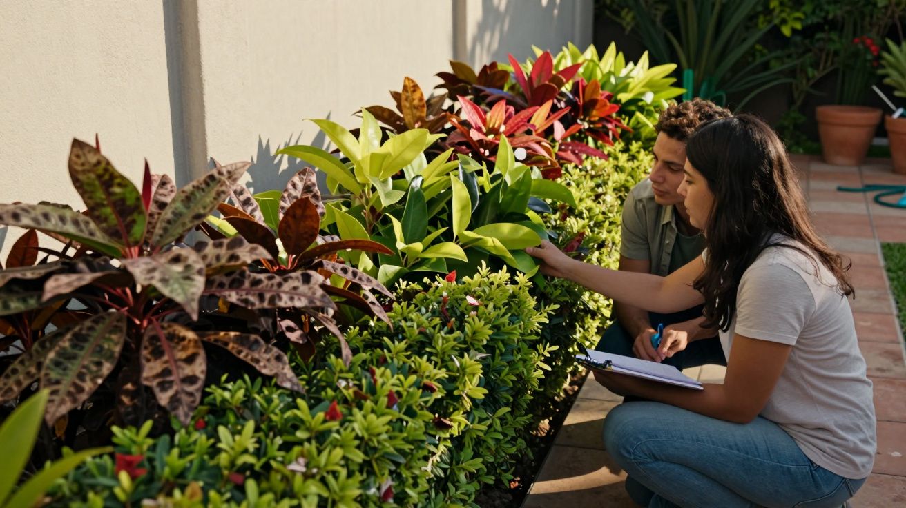 Duas pessoas a observar e anotar características de plantas num jardim junto a uma parede branca.