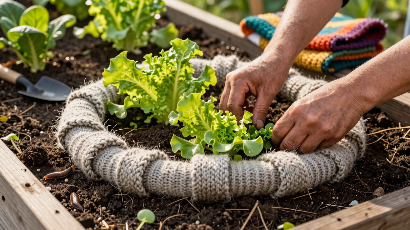 Mãos a cuidar de plantas de alface num canteiro com anel protetor tricotado à volta das plantas.