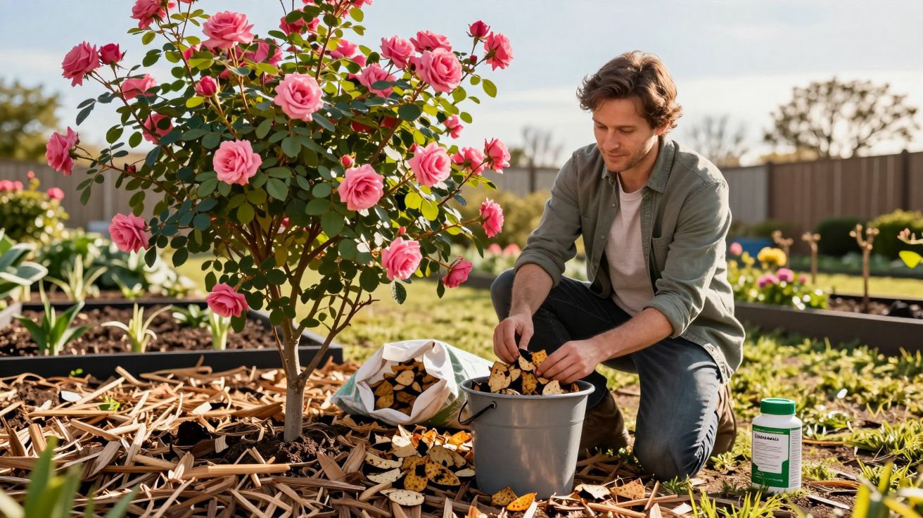 Homem a colocar pedaços de bolo numa lata perto de arbusto de rosas cor de rosa num jardim.