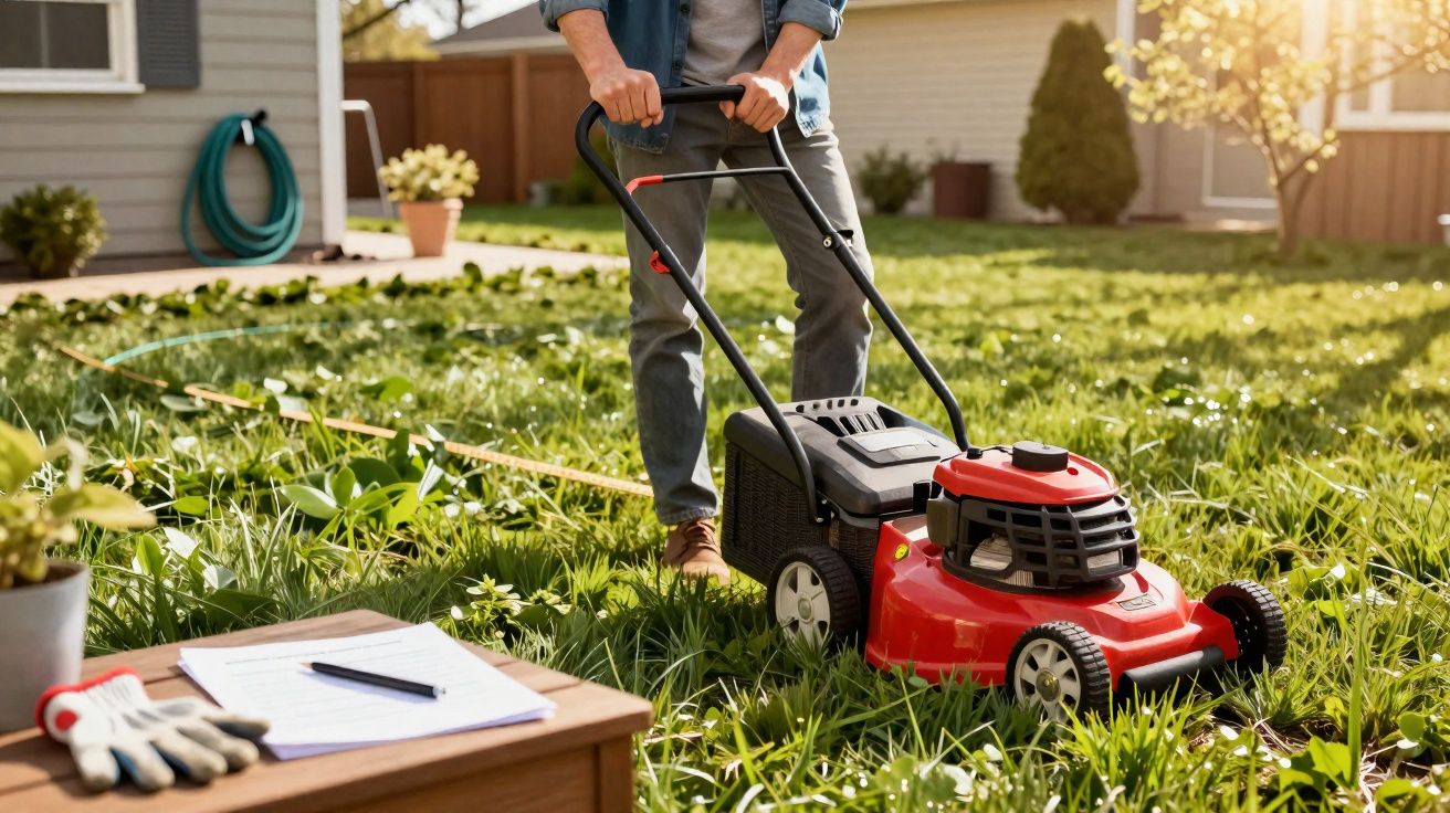 Pessoa a cortar relva alta num jardim com uma máquina de cortar relva vermelha durante o dia.