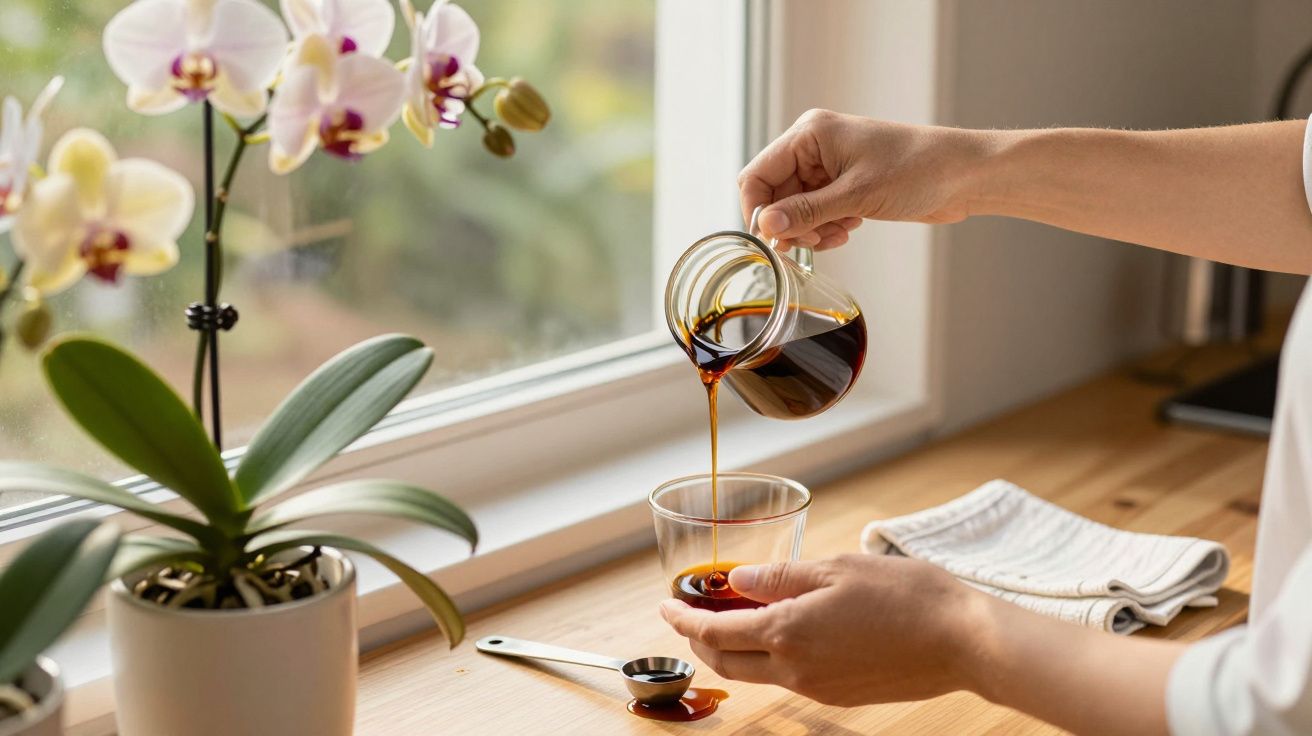 Pessoa a servir café num copo de vidro junto a uma janela com orquídeas brancas numa jarra.