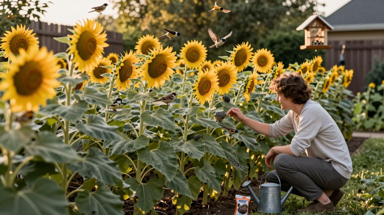 Pessoa alimenta pássaros num jardim com girassóis ao entardecer.