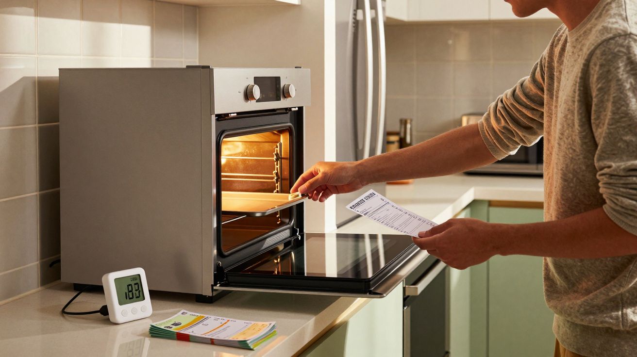 Pessoa a colocar alimento no forno elétrico pequeno na cozinha, segurando receita e com termómetro visível.