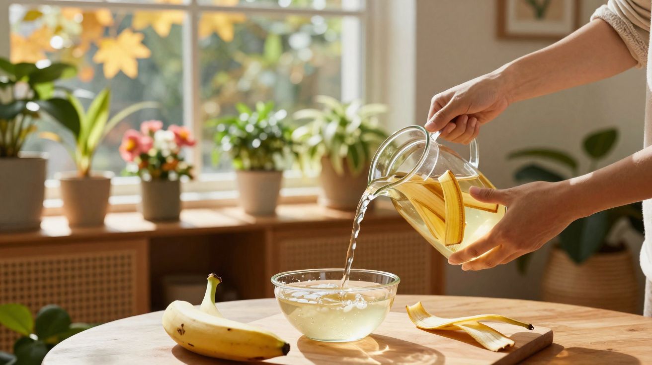 Pessoa a despejar água numa tigela com cascas de banana, em mesa com banana e plantas ao fundo.