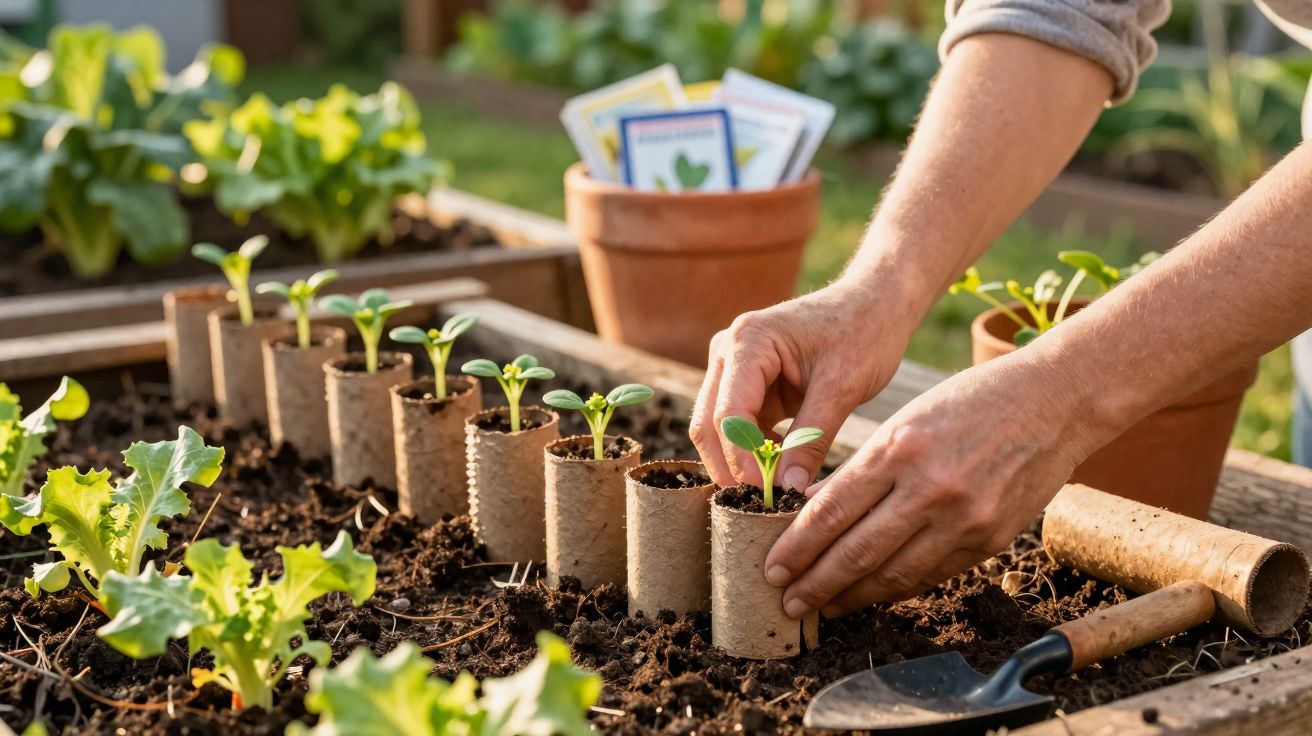 Mãos a plantar pequenas plantas em tubos biodegradáveis num canteiro de jardim ao ar livre.