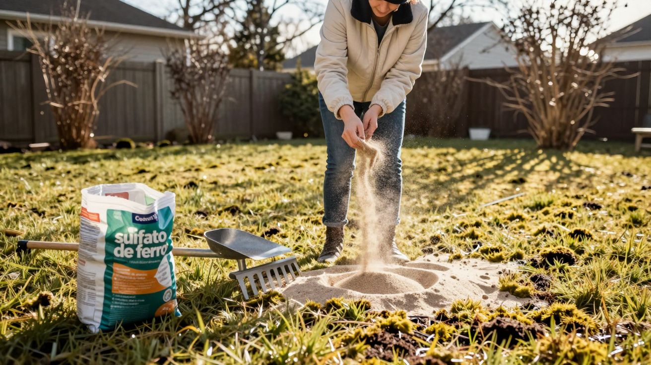 Pessoa a preparar terra para jardinagem com fertilizante de sulfato de ferro num jardim ensolarado.