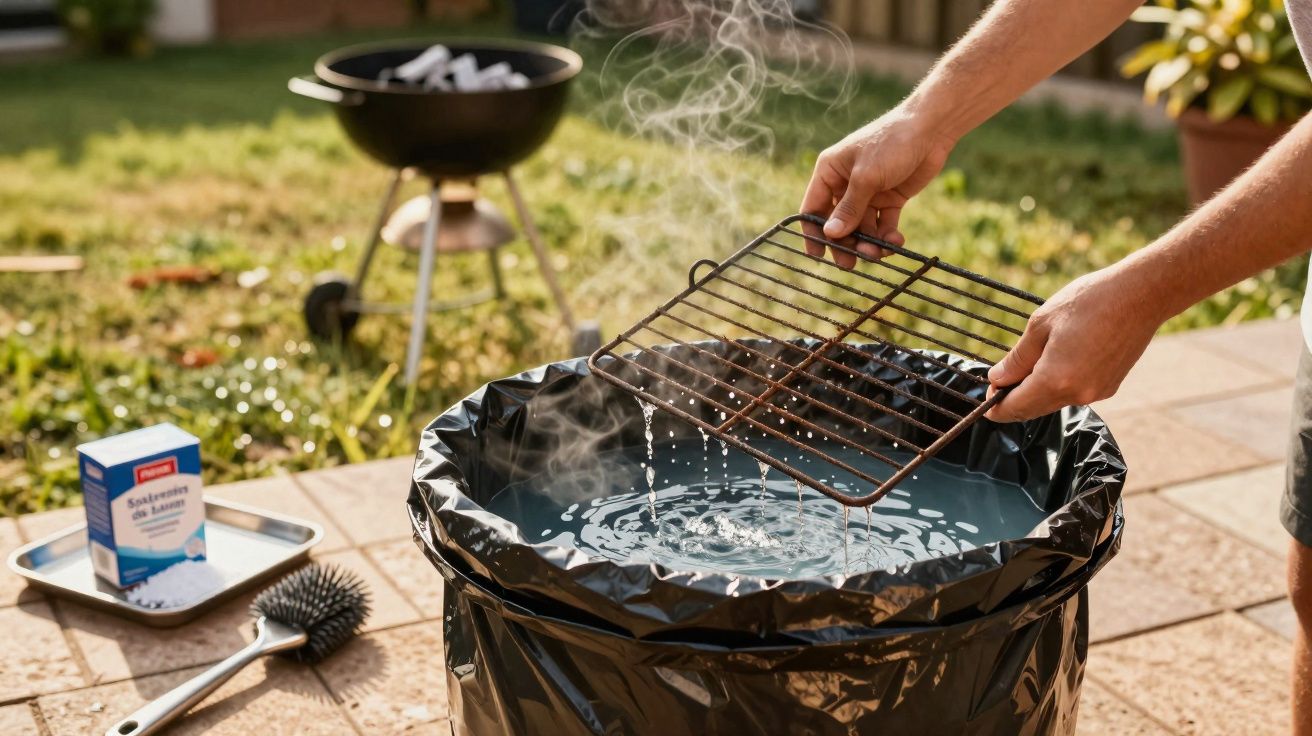 Pessoa a lavar uma grelha de barbecue em água quente num balde ao ar livre.