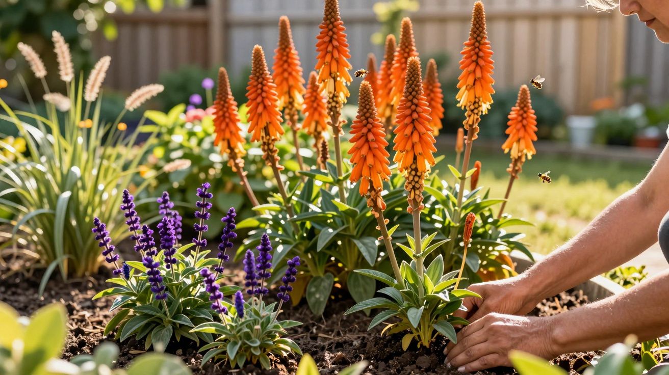 Mãos a plantar flores laranja e roxas num jardim ensolarado com abelhas a voar ao redor.