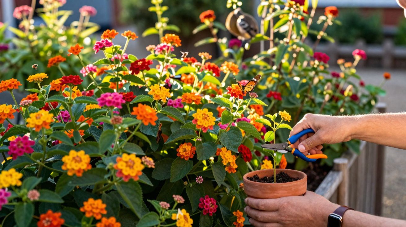 Pessoa a podar planta jovem em vaso com flores coloridas e borboleta num jardim ensolarado.