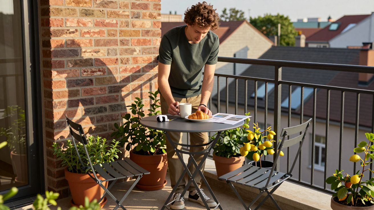 Homem jovem em varanda com mesa, plantas em vasos, croissant e chávena de café.