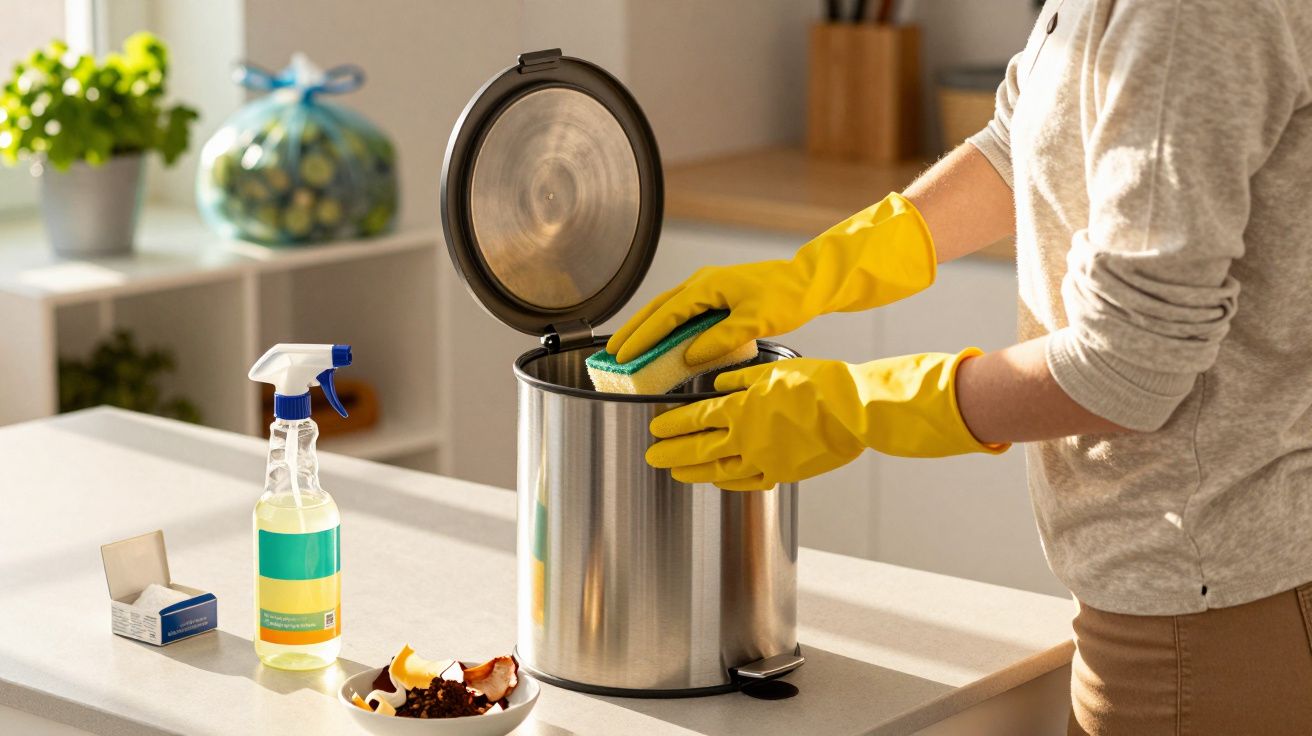 Pessoa com luvas amarelas a limpar interior de contentor de lixo metálico na cozinha.